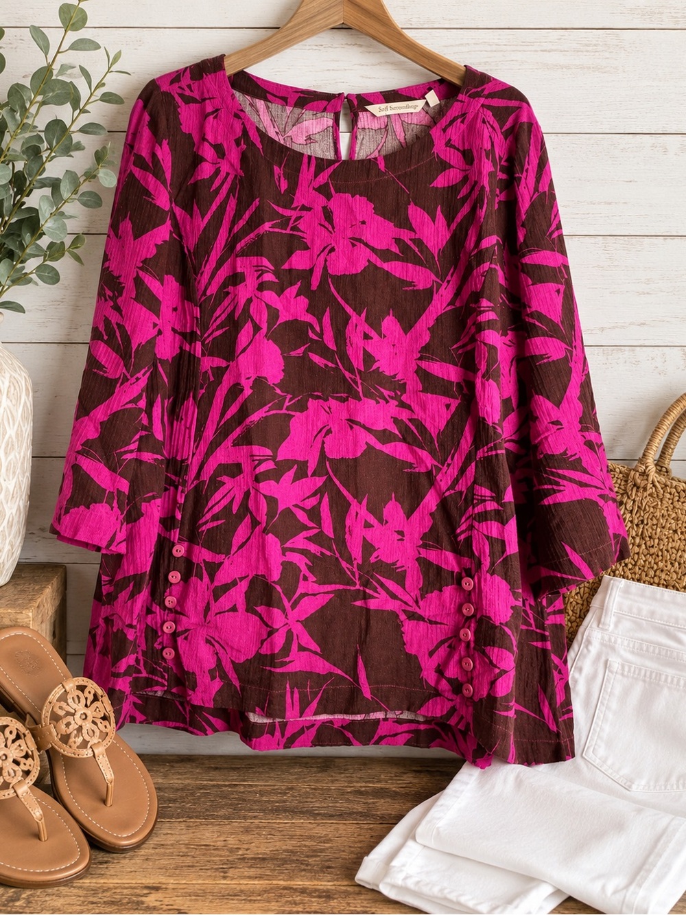 Soft Surroundings Fuchsia and Brown Floral Tunic